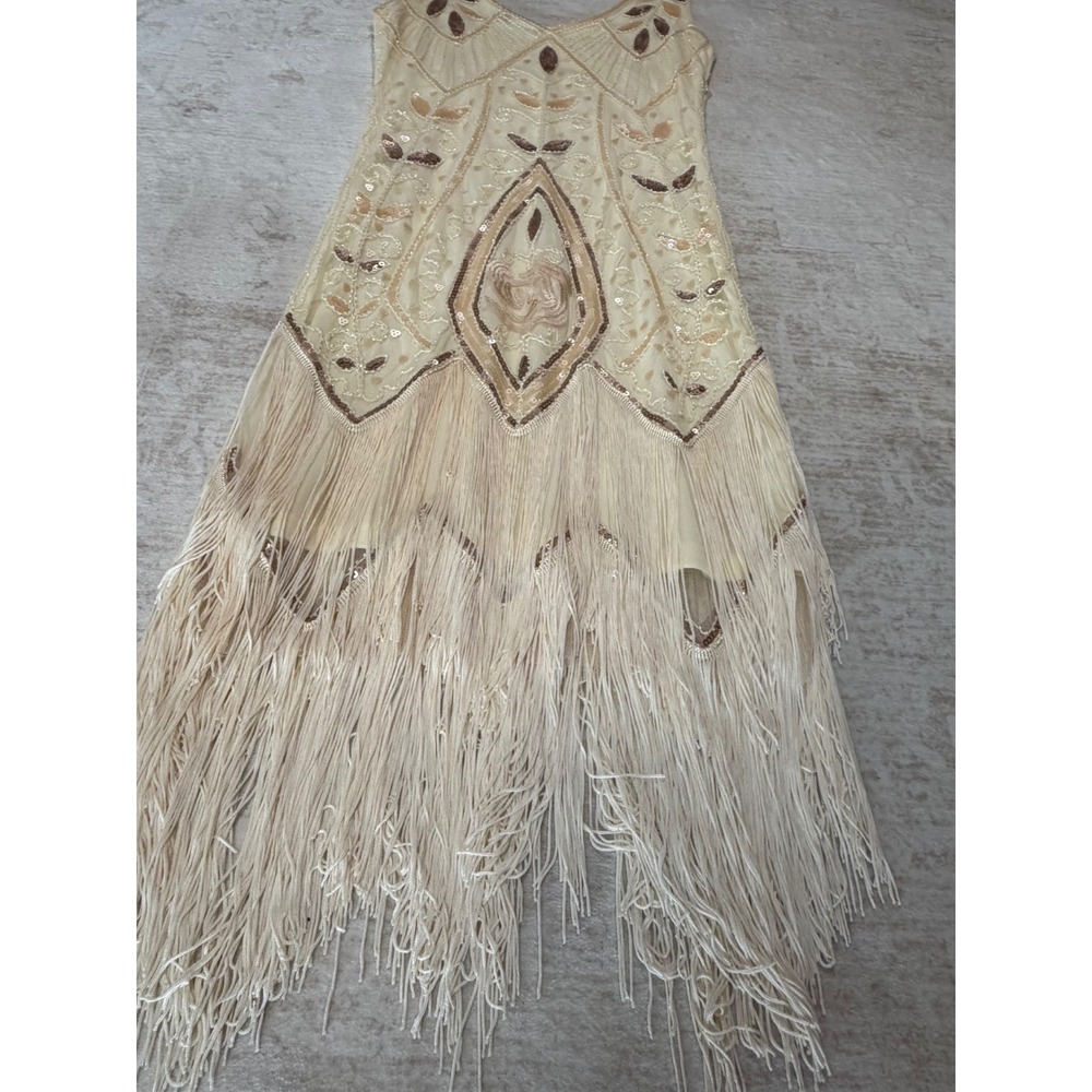 Champagne Sequin Beaded Flapper Dress Great Gatsby 1920s Fringe Cocktail Dress - Picture 10 of 15